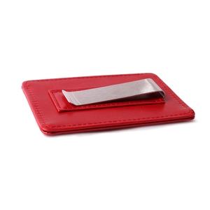 Minimalist red PU leather bank card holder with metal money clip and stitching detail