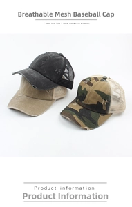 Detailed view of breathable mesh baseball caps in black, khaki, and camouflage colors