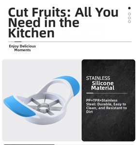 Detail of stainless steel apple slicer with blue TPR handles and durable easy-clean blades