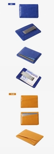 Detail of blue and yellow PU leather card holders with magnetic money clips and multi-slots