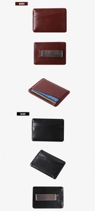 Detailed views of brown and black PU leather card holders with metal money clips