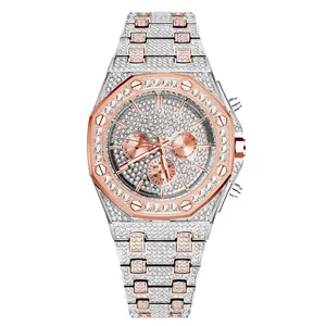 Luxurious hip hop iced out octagonal watch with diamonds and two-tone silver rose gold finish