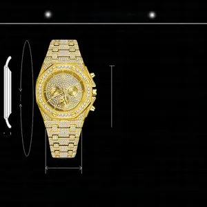 Detailed specs of men's iced out gold quartz watch with octagonal dial dimensions