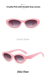 Detail view of oval cat eye sunglasses in translucent jelly pink frame with gradient lenses