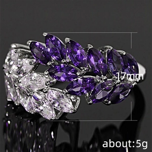Marquise-cut purple and white zircon leaf ring in silver finish, 17mm height and 5g weight