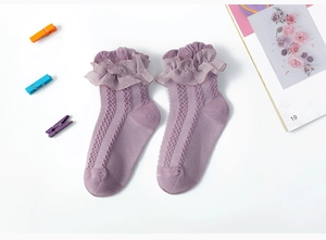 Detail of violet lace ruffle mesh knit socks for girls with sweet floral magazine decor