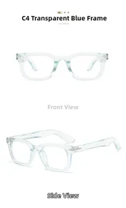 Detail of light blue transparent square sunglasses frame with metallic rivet accents