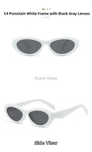 Detail view of oval cat-eye sunglasses in glossy porcelain white with dark grey lenses