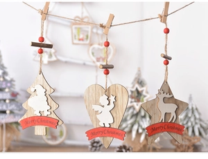 Detailed view of wood Christmas ornaments with stars, hearts, and mini wooden clips