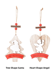 Detailed close-up of wooden Christmas tree and heart ornaments with Merry Christmas banner
