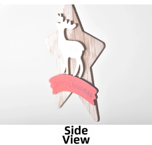 Side view detail of wooden Christmas star hanger featuring reindeer and Merry Christmas text