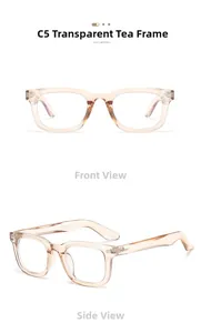 Front and side views of trendy square tea transparent frame sunglasses with silver rivets