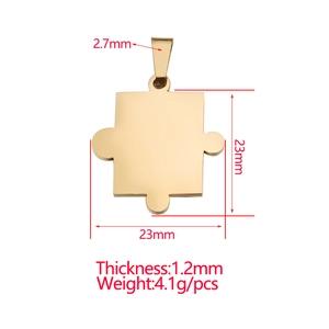 Pendentif puzzle en acier inoxydable doré poli mesurant 23mm par 23mm pour bijoux