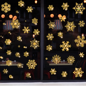 Adesivi per finestre con fiocchi di neve dorati glitterati per decorazioni natalizie