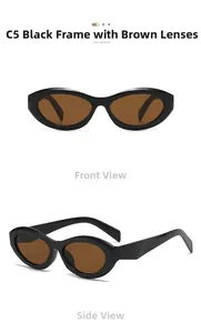 Front and side views of vintage oval sunglasses with black frames and tea lenses