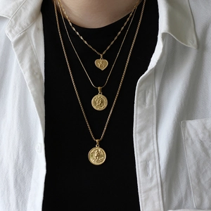 Three-layer 18K gold plated titanium steel necklace with heart and coin pendants