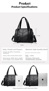 Detailed spec sheet showing black tote bag dimensions with iPad size comparison