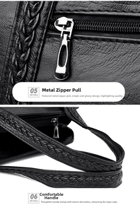 Close-up of litchi texture black leather, woven handle, and silver zipper slider