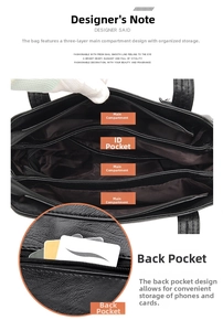 Detail view of large capacity black tote with three main compartments and hidden back pocket