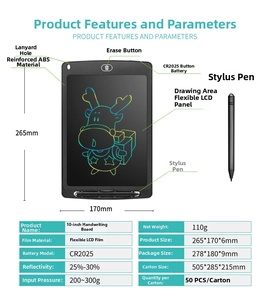 Technical specifications and dimensions of a 10-inch LCD writing tablet with stylus