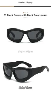 Vues de face et de profil des lunettes de soleil Y2K futuristes avec monture noire et verres gris
