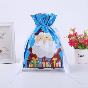 Blaue Weihnachtsgeschenktüte mit Weihnachtsmann-Motiv und weißem Satin-Kordelzug