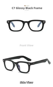 Detail view of glossy black square sunglasses frame with silver rivets decoration