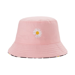 Pink cotton bucket hat with white daisy embroidery and a reversible floral design