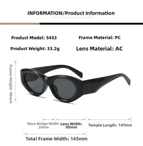 Detailed size specifications of black oval PC frame sunglasses with dimensions and AC lenses
