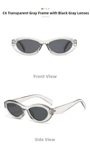 Detail view of transparent grey oval cat eye sunglasses with black lenses and size specs
