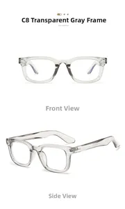 Detail view of transparent grey square frame with visible metal hinges and temple specs
