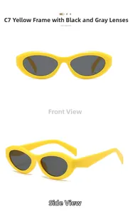 Close-up of retro cat-eye sunglasses with yellow frames and dark grey lenses in dual view