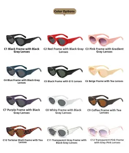 Collage showing twelve colorful oval frame sunglasses with various lenses and finishes