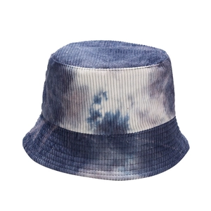 Tie-dye corduroy bucket hat in blue and white, stylish winter outdoor sun hat for women