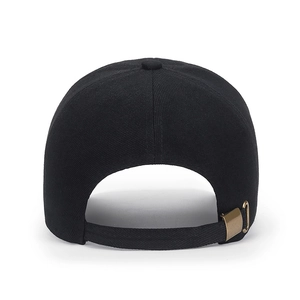 Rear view of a black cotton twill baseball cap with an adjustable metal buckle strap
