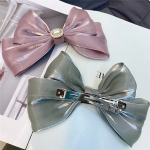 Elegant silk layered bow hair clips with pearls and crystals in pink and grey-green