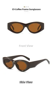 Detail view of oval cat-eye sunglasses in coffee brown frames with tinted tea lenses