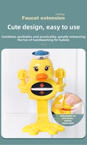 Detailed view of yellow duck faucet extender with adjustable knob and wide water channel