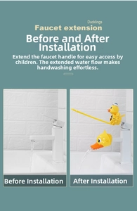 Detail view of cartoon duck faucet extender and handle showing installation before and after