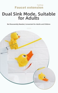 Detail of yellow duckling faucet extender showing dual water mode and easy installation