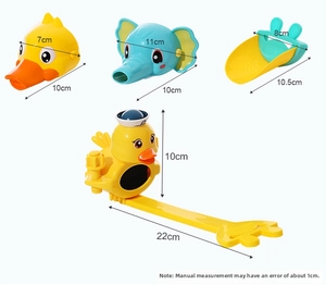 Detailed dimensions of cartoon duck and elephant faucet extenders for child hand washing