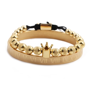 Set di bracciale rigido con numeri romani e bracciale con perline a corona dorato