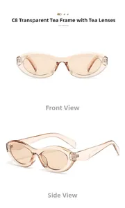Detail view of oval tea-colored sunglasses showing front and side profile perspectives