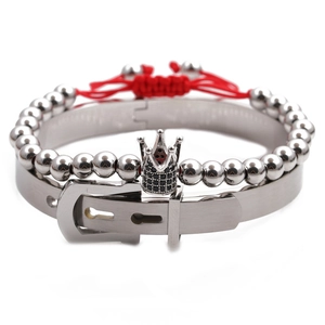 Set bracciale con ciondolo a corona argento, corda rossa e fibbia in metallo uomo e donna