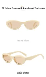 Front and side view of C9 retro oval sunglasses with beige frame and tea tinted lenses