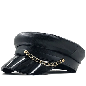 Black PU leather newsboy hat with gold chain detail and shiny patent leather brim