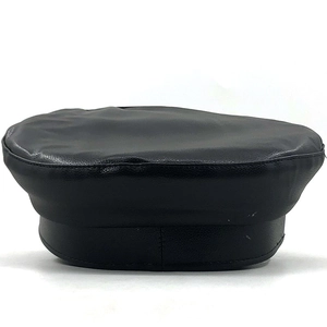 Women black PU leather flat top newsboy hat with metal chain detail on white background