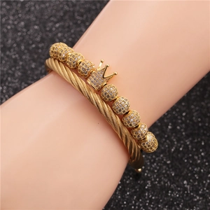 Adjustable gold stainless steel cable bracelet and zircon crown bead charm bracelet set