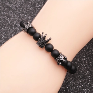 Men's matte black beaded bracelet set with gunmetal crown charms and micro-pave details