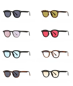 Matrix display of retro narrow round frame sunglasses in eight varied color combinations